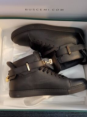 Buscemi Men's Black Leather High-Top Sneakers with Gold Hardware Accents